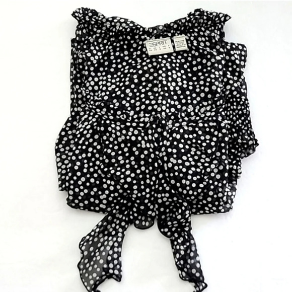ESPRIT  Blouse Top Black White Polka Dots Semi Sheer Ruffle Long Sleeves Size XS - Picture 8 of 14